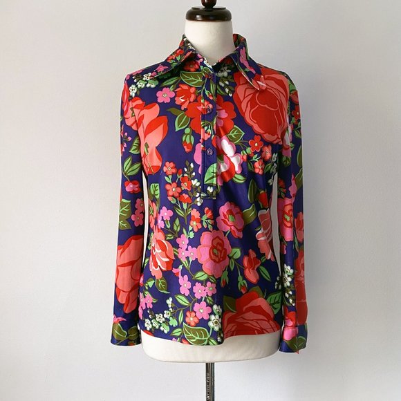 70s Disco Retro Floral Print Button Up Collared Blouse • Size M - Picture 3 of 7